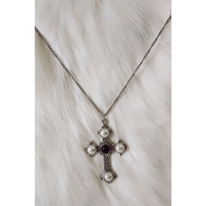 Vintage Sarah Coventry Baroque Cross Necklace Pendant Pearl Amethyst